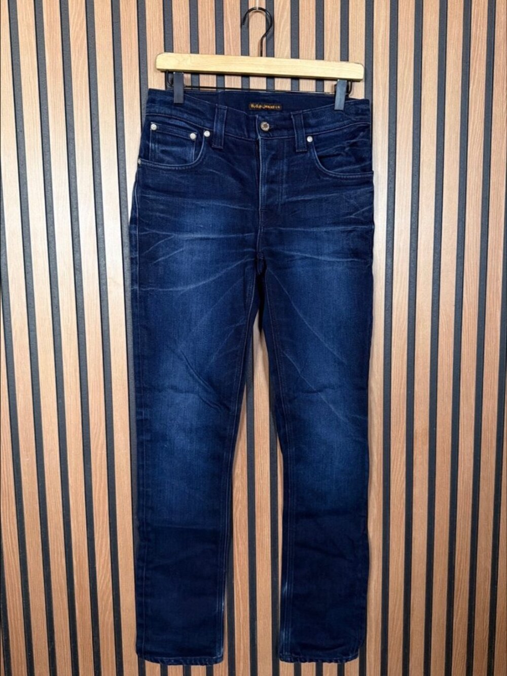 Nudie Jeans 31 x 32 Mens Blue Dark Shine Cotton Grim Tim 5 Pocket Button Fly Den